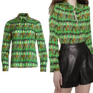 Alice+Olivia x Donald Robertson Willa Crazy Pants Printed Silk Blouse Fits XS-S